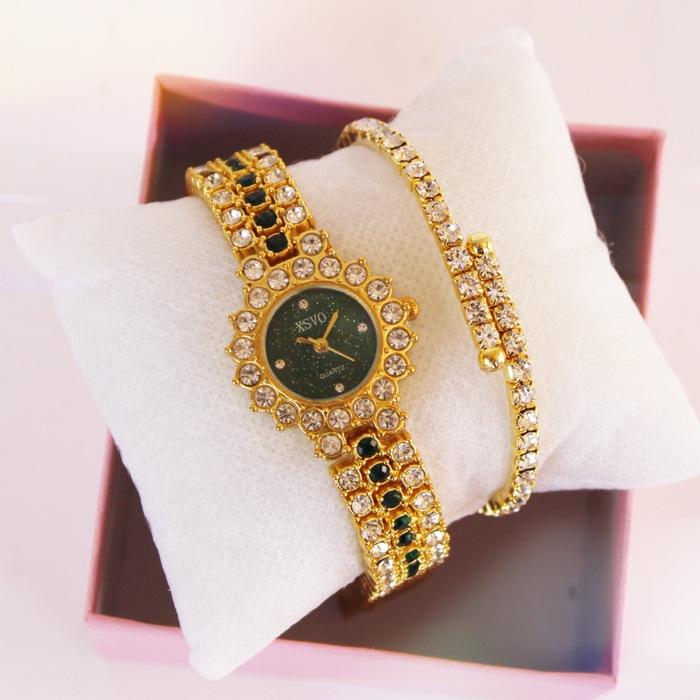 ساعة يد ذهبية مع اسوارة مرصعة بالكريستال مع خلخال هدية 237255985